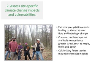  Extreme precipitation events
leading to altered stream
flow and hydrologic change
 Common northern species
are likely to experience
greater stress, such as maple,
birch, and beech
 Oak-hickory forest species
may have increased habitat
2. Assess site-specific
climate change impacts
and vulnerabilities.
 