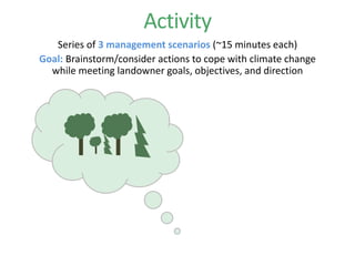 Activity
Series of 3 management scenarios (~15 minutes each)
Goal: Brainstorm/consider actions to cope with climate change
while meeting landowner goals, objectives, and direction
 