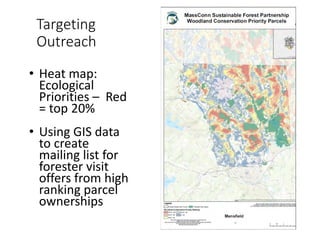 Targeting
Outreach
• Heat map:
Ecological
Priorities – Red
= top 20%
• Using GIS data
to create
mailing list for
forester visit
offers from high
ranking parcel
ownerships
 