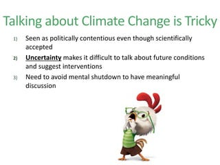 Talking about Climate Change is Tricky
1) Seen as politically contentious even though scientifically
accepted
2) Uncertainty makes it difficult to talk about future conditions
and suggest interventions
3) Need to avoid mental shutdown to have meaningful
discussion
 