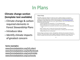In Plans
Climate change section
(template text available)
 Climate change & carbon
required elements in
Forest Stewardship Plans
 Introduce idea
 Identify climate impacts
of greatest concern
Some examples:
www.forestadaptation.org/hill-robert
www.forestadaptation.org/buffambrook
www.forestadaptation.org/carolinelake
www.forestadaptation.org/suchovsky
 