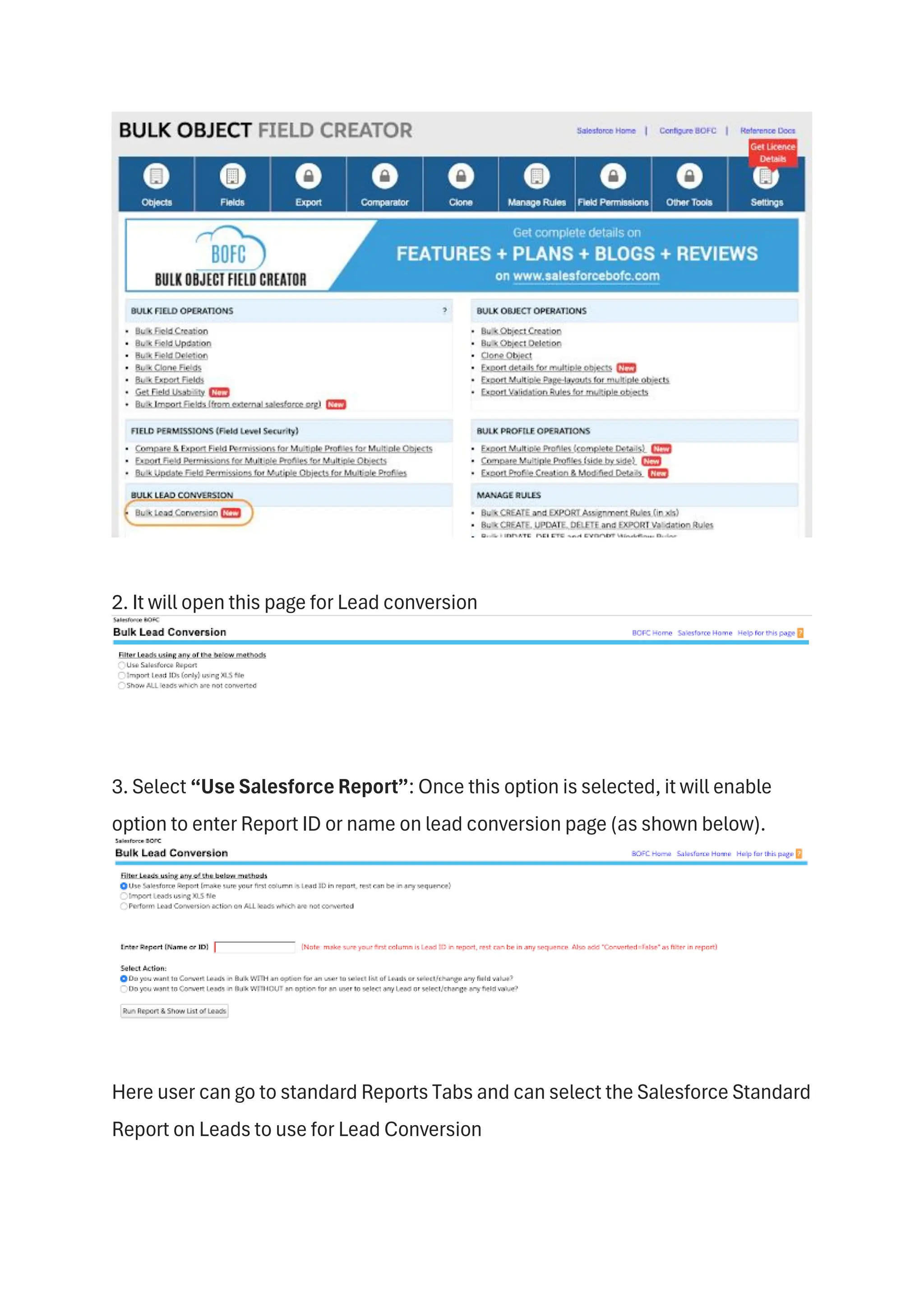 2. It will open this page for Lead conversion
3. Select “Use Salesforce Report”: Once this option is selected, it will enable
option to enter Report ID or name on lead conversion page (as shown below).
Here user can go to standard Reports Tabs and can select the Salesforce Standard
Report on Leads to use for Lead Conversion
 