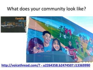 What does your community look like? 
http://voicethread.com/? - u2264358.b2474507.i13369990 
 
