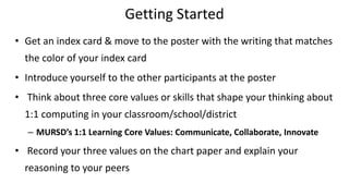 Getting Started
• Get an index card & move to the poster with the writing that matches
the color of your index card
• Introduce yourself to the other participants at the poster
• Think about three core values or skills that shape your thinking about
1:1 computing in your classroom/school/district
– MURSD’s 1:1 Learning Core Values: Communicate, Collaborate, Innovate
• Record your three values on the chart paper and explain your
reasoning to your peers
 