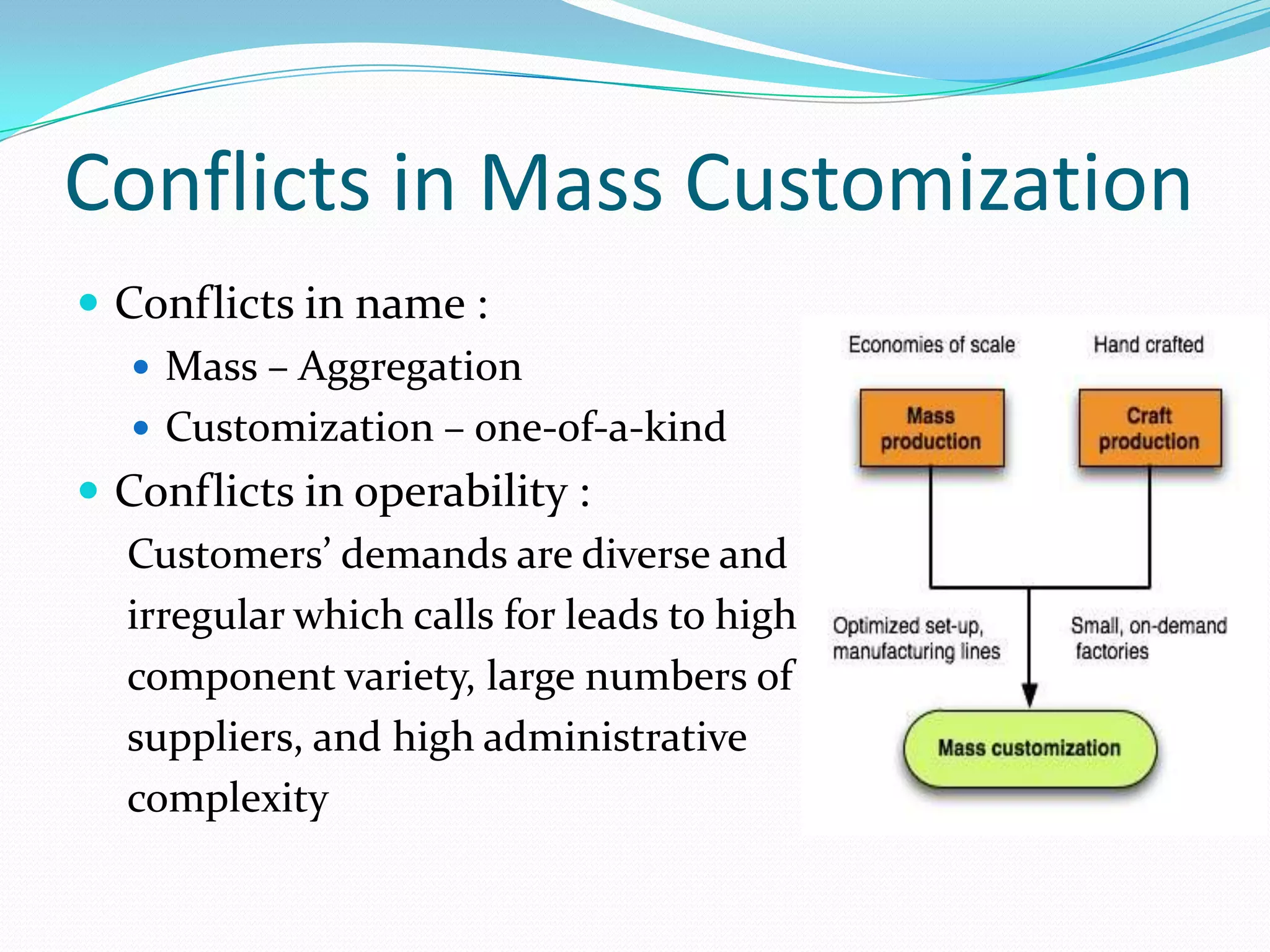 Conflicts in Mass Customization
 Conflicts in name :
 Mass – Aggregation
 Customization – one-of-a-kind
 Conflicts in operability :
Customers’ demands are diverse and
irregular which calls for leads to high
component variety, large numbers of
suppliers, and high administrative
complexity
 