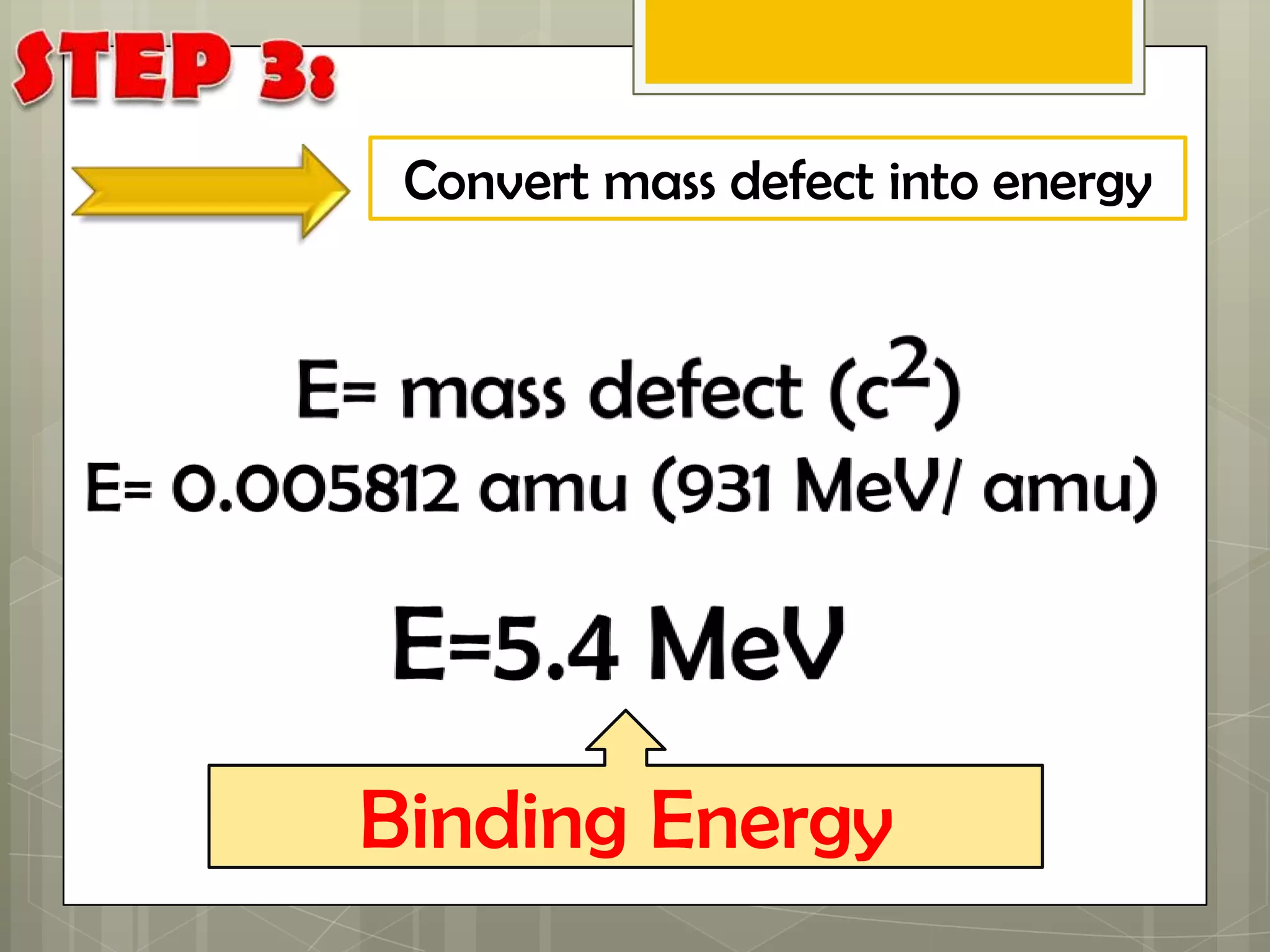 Convert mass defect into energy




Binding Energy
 