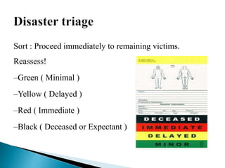 Sort : Proceed immediately to remaining victims.
Reassess!
–Green ( Minimal )
–Yellow ( Delayed )
–Red ( Immediate )
–Black ( Deceased or Expectant )
 