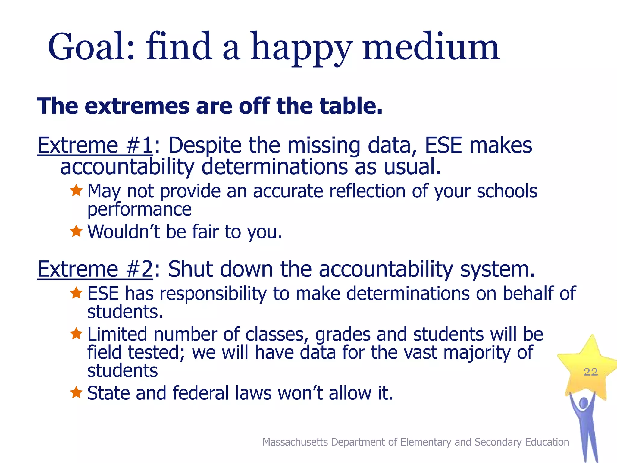 Goal: find a happy medium
The extremes are off the table.

Extreme #1: Despite the missing data, ESE makes
accountability determinations as usual.

 May not provide an accurate reflection of your schools
performance
 Wouldn’t be fair to you.

Extreme #2: Shut down the accountability system.

 ESE has responsibility to make determinations on behalf of
students.
 Limited number of classes, grades and students will be
field tested; we will have data for the vast majority of
students
 State and federal laws won’t allow it.
Massachusetts Department of Elementary and Secondary Education

22

 