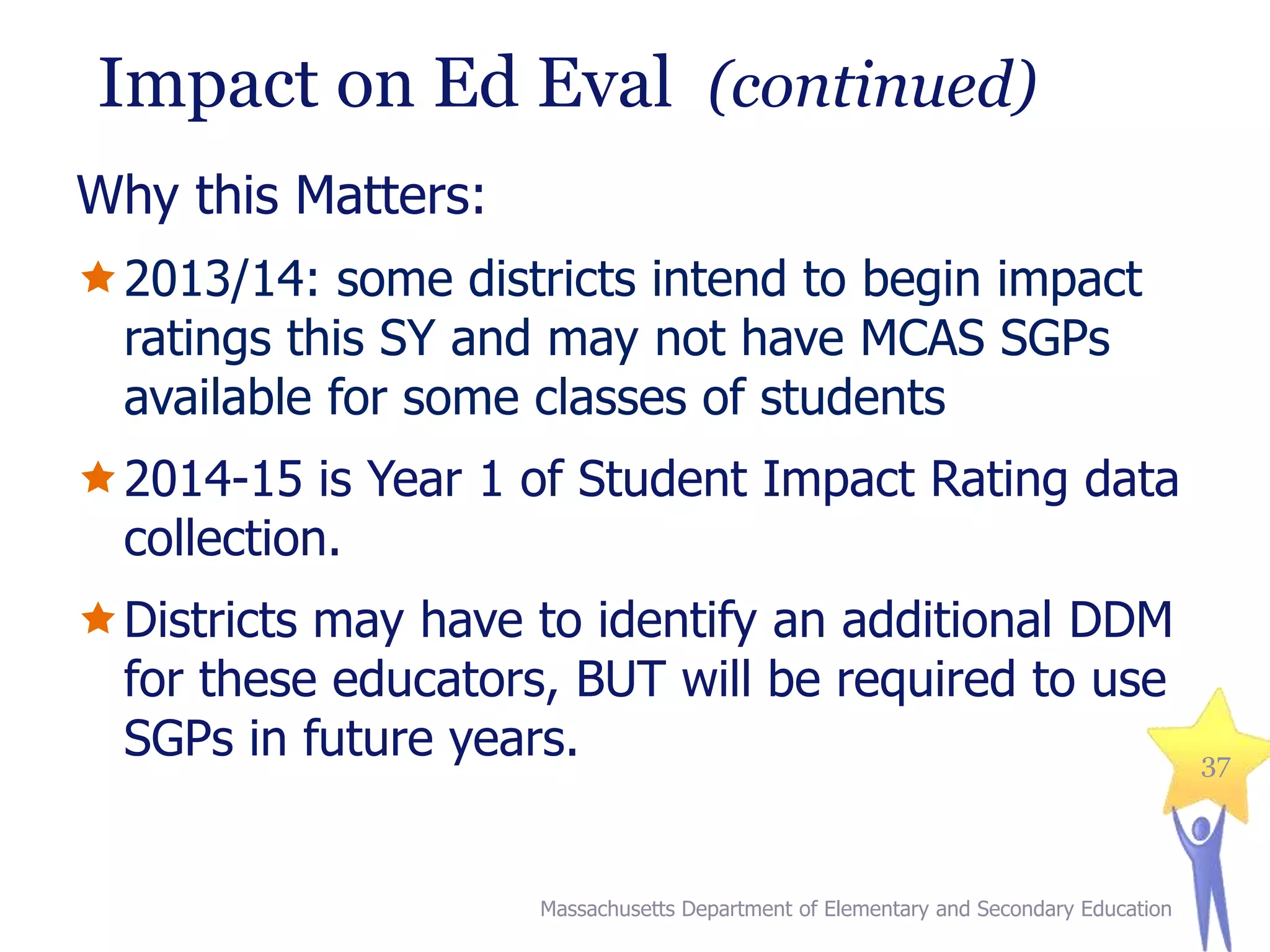 Impact on Ed Eval (continued)
Why this Matters:
2013/14: some districts intend to begin impact
ratings this SY and may not have MCAS SGPs
available for some classes of students
2014-15 is Year 1 of Student Impact Rating data
collection.
Districts may have to identify an additional DDM
for these educators, BUT will be required to use
SGPs in future years.

Massachusetts Department of Elementary and Secondary Education

37

 