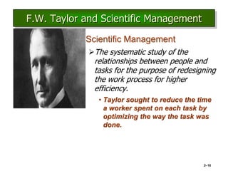 2–10
F.W. Taylor and Scientific Management
• Scientific Management
The systematic study of the
relationships between people and
tasks for the purpose of redesigning
the work process for higher
efficiency.
• Taylor sought to reduce the time
a worker spent on each task by
optimizing the way the task was
done.
 