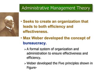 • Seeks to create an organization that
leads to both efficiency and
effectiveness.
• Max Weber developed the concept of
bureaucracy.
 A formal system of organization and
administration to ensure effectiveness and
efficiency.
 Weber developed the Five principles shown in
Figure-
Administrative Management Theory
 