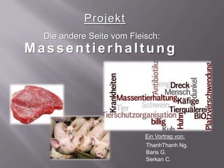 Projekt
  Die andere Seite vom Fleisch:
Massentierhaltung




                           Ein Vortrag von:
                           ThanhThanh Ng.
                           Baris G.
                           Serkan C.
 