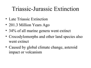 Triassic-Jurassic Extinction
• Late Triassic Extinction
• 201.3 Million Years Ago
• 34% of all marine genera went extinct
• Crocodylomorphs and other land species also
went extinct
• Caused by global climate change, asteroid
impact or volcanism
 
