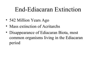 End-Ediacaran Extinction
• 542 Million Years Ago
• Mass extinction of Acritarchs
• Disappearance of Ediacaran Biota, most
common organisms living in the Ediacaran
period
 