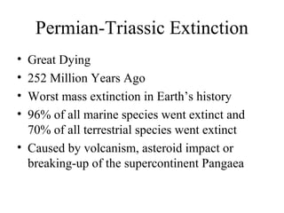 Permian-Triassic Extinction
• Great Dying
• 252 Million Years Ago
• Worst mass extinction in Earth’s history
• 96% of all marine species went extinct and
70% of all terrestrial species went extinct
• Caused by volcanism, asteroid impact or
breaking-up of the supercontinent Pangaea