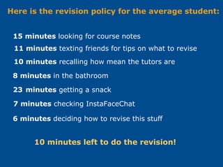 Here is the revision policy for the average student:
15 minutes looking for course notes
11 minutes texting friends for tips on what to revise
10 minutes recalling how mean the tutors are
8 minutes in the bathroom
23 minutes getting a snack
7 minutes checking InstaFaceChat
6 minutes deciding how to revise this stuff
10 minutes left to do the revision!
 