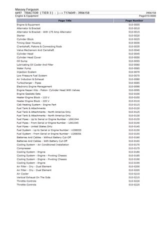 Massey Ferguson
6497 TRACTOR ( TIER 3 ) - |---> T176049 - 3906158 3906158
Engine & Equipment Page010-0000
 