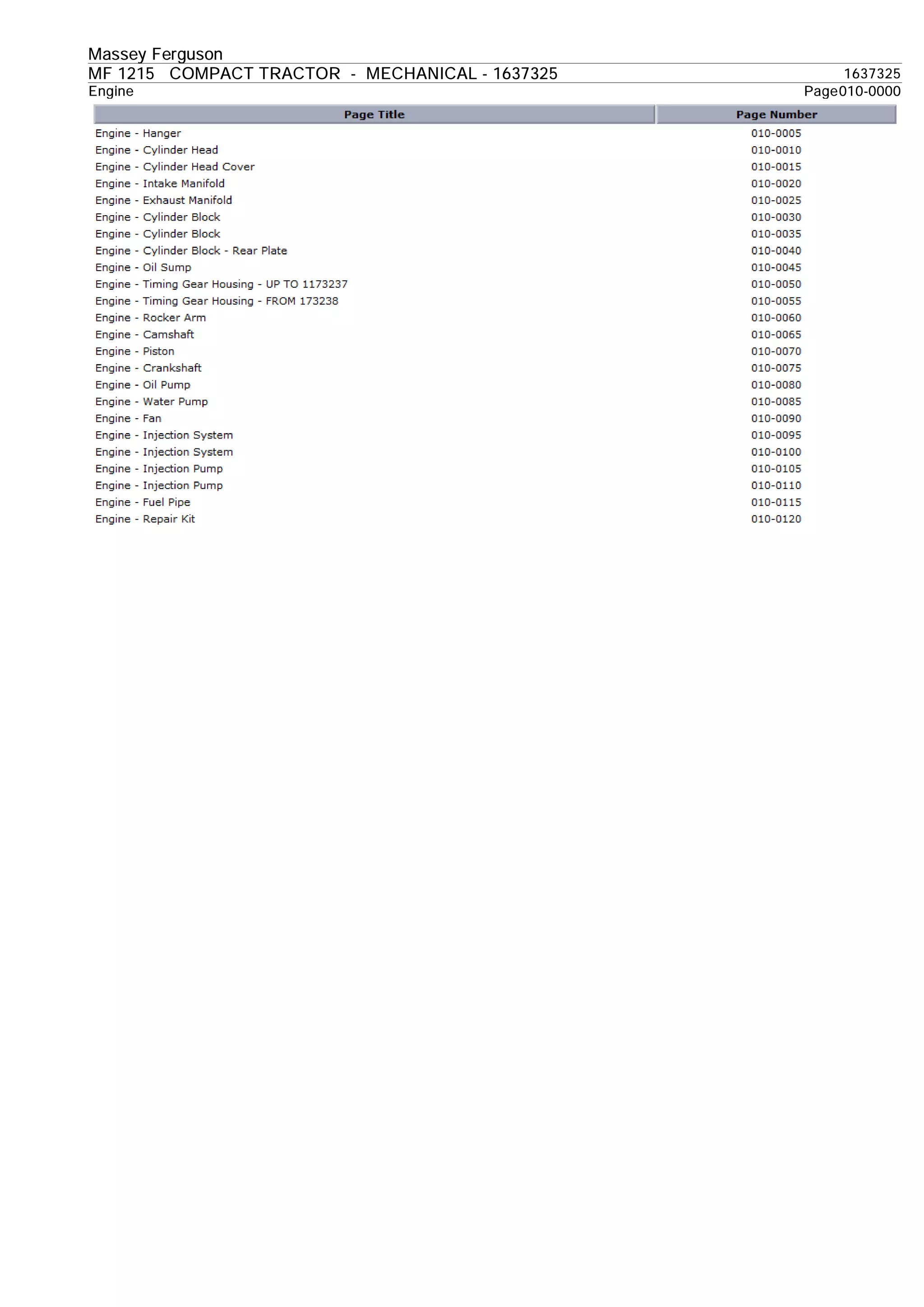 Massey ferguson mf 1215 compact tractor (mechanical) parts catalogue