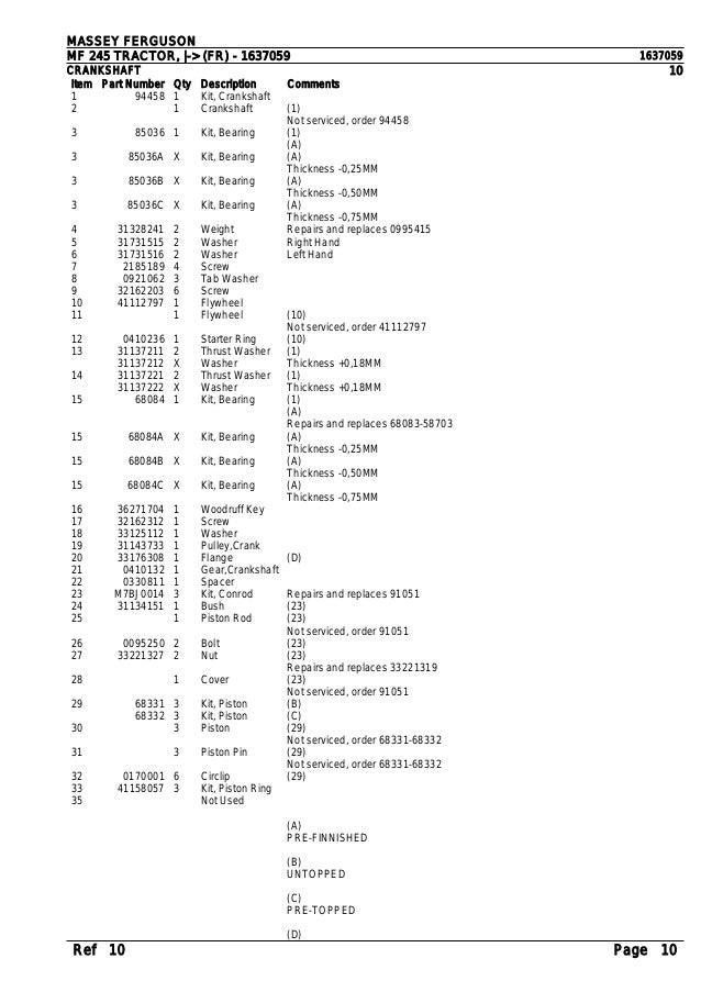 Massey ferguson mf 245 tractor, (fr) parts catalogue manual
