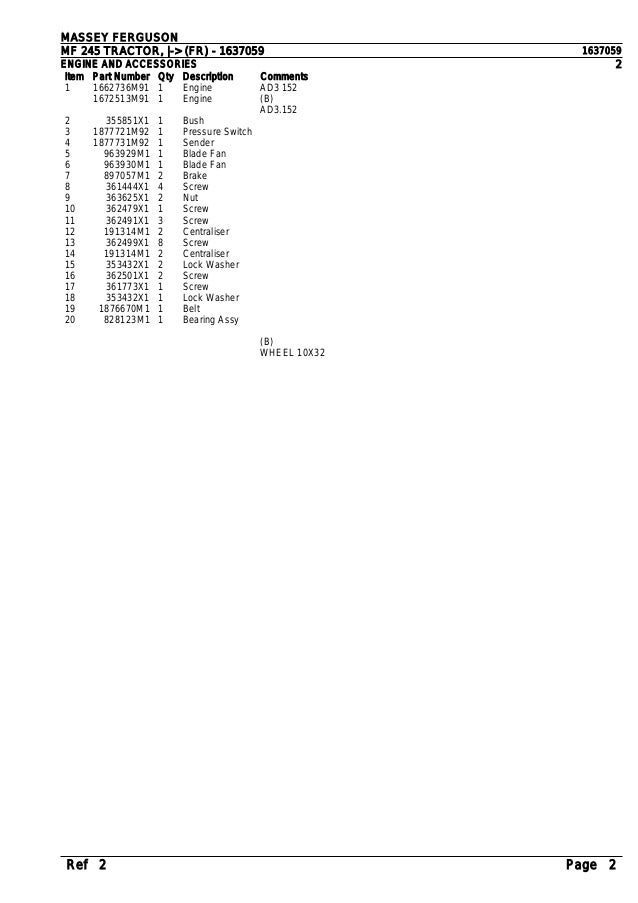 Massey ferguson mf 245 tractor, (fr) parts catalogue manual