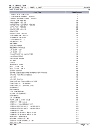 MASSEY FERGUSON
MF 254 TRACTOR, |-> 22210641 - 3310600 3310600
TABLE OF CONTENT 00
Ref 00 Page 00
 