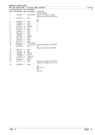 Massey ferguson mf 275 tractor ( 221522 (gb)) parts catalogue manual | PDF