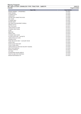 Massey Ferguson
MF 3425 CF/CM CRAWLER-TYPE TRACTOR - 3680379 3680379
ENGINE Page010-0000
 