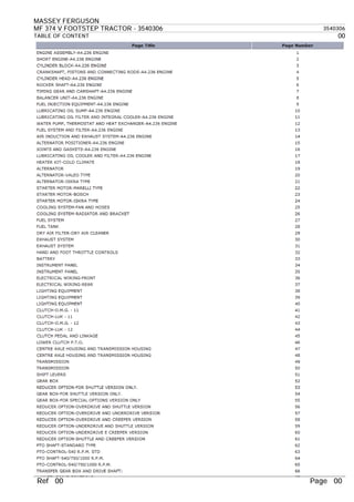 MASSEY FERGUSON
MF 374 V FOOTSTEP TRACTOR - 3540306 3540306
TABLE OF CONTENT 00
Ref 00 Page 00
 