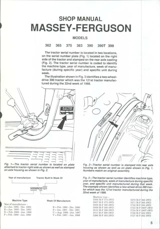 SHOP MANUAL
MASSEY-FERGUSON
MODELS
362 365 375 383 390 390T 398
The tractor serial number is located in two locations,
on tiie seriai number piate (Fig. 1) iocated on the right
side of the tractor and stamped on the rear axie casting
(Fig. 2). The tractor seriai number is coded to identify
the machine type, year of manufacture, week of manu-
facture (during specific year) and specific unit during
week.
The iiiustration shown in Fig. 3 identifies a two-wheel-
drive 390 tractor which was the 121st tractor manufac-
tured during the 32nd week of 1988.
Fig. 1—The tractor serial number is iocated on piate
attached to tractor right side as shown as weiias stamped
on axie housing as shown in Fig. 2.
Year of manufacture Tractor Built In Week Of
5008N32121
Fig. 2-—Tractor seriai number is stamped into rear axie
housing as shown as weii as on piate shown in Fig. 1.
Numbers match on originai assembiy.
Fig. 3—The tractor seriai number identifies machine type,
year of manufacture, week ofmanufacture during specific
year, and specific unit manufactured during that weeii.
The exampie shown identifies a two-wheei-drive 390 trac-
tor which was the 12'ist tractor manufactured during the
32nd weei( of 1988.
Machine Type
Year of manufacture -
A = Jan. 1992 - Dec. 1992
B = Jan. 1993 - Dec. 1993
N = Feb. 1988 - Jan. 1989
P = Feb. 1989 - Jan. 1990
Week Of Manufacture
R = Feb. 1990 - Dec. 1990
S = Jan. 1991-Dec. 1991
U = Aug. 1986 - Jan. 1987
V = Feb. 1987 - Jan. 1988
Machine type -
5006 M-F 375 2WD
5007 M-F 375 4WD
5008 M-F 390 2WD
5009 M-F 390 4WD
5010 M-F 398 2WD
5011 M-F 398 4WD
5266 M-F 383 2WD
5270 M-F 365 2WD
5271 M-F 365 4WD
5742 M-F 383 4WD
5723 M-F 390T 2WD
5724 M-F 390T 4WD
5726 M-F 362 2WD
5727 M-F 362 4WD
 