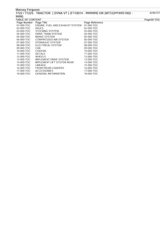 Massey Ferguson
7722 / 7722S TRACTOR ( DYNA VT ) (F110014 - 9999999) OR (M7722PFN9S1002 -
9999)
6246127
TABLE OF CONTENT Page00-TOC
Page Number Page Title Page Reference
01-000-TOC ENGINE, FUEL AND EXHAUST SYSTEM 01-000-TOC
02-000-TOC AXLES 02-000-TOC
03-000-TOC STEERING SYSTEM 03-000-TOC
04-000-TOC DRIVE TRAIN SYSTEM 04-000-TOC
05-000-TOC BRAKE SYSTEM 05-000-TOC
06-000-TOC COMPRESSED AIR SYSTEM 06-000-TOC
07-000-TOC HYDRAULIC SYSTEM 07-000-TOC
08-000-TOC ELECTRICAL SYSTEM 08-000-TOC
09-000-TOC CAB 09-000-TOC
10-000-TOC CHASSIS 10-000-TOC
11-000-TOC DECALS 11-000-TOC
12-000-TOC WHEELS 12-000-TOC
13-000-TOC IMPLEMENT DRIVE SYSTEM 13-000-TOC
14-000-TOC IMPLEMENT LIFT SYSTEM REAR 14-000-TOC
15-000-TOC LINKAGE 15-000-TOC
16-000-TOC FRONT/REAR LOADERS 16-000-TOC
17-000-TOC ACCESSORIES 17-000-TOC
18-000-TOC GENERAL INFORMATION 18-000-TOC
 