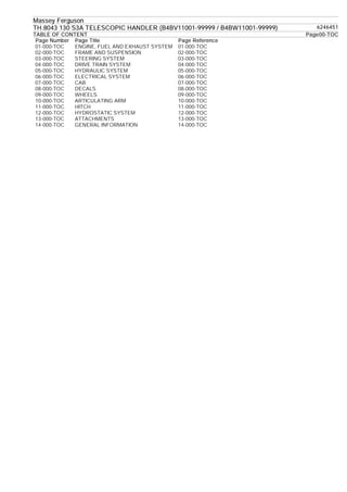 Massey Ferguson
TH.8043 130 S3A TELESCOPIC HANDLER (B4BV11001-99999 / B4BW11001-99999) 6246451
TABLE OF CONTENT Page00-TOC
Page Number Page Title Page Reference
01-000-TOC ENGINE, FUEL AND EXHAUST SYSTEM 01-000-TOC
02-000-TOC FRAME AND SUSPENSION 02-000-TOC
03-000-TOC STEERING SYSTEM 03-000-TOC
04-000-TOC DRIVE TRAIN SYSTEM 04-000-TOC
05-000-TOC HYDRAULIC SYSTEM 05-000-TOC
06-000-TOC ELECTRICAL SYSTEM 06-000-TOC
07-000-TOC CAB 07-000-TOC
08-000-TOC DECALS 08-000-TOC
09-000-TOC WHEELS 09-000-TOC
10-000-TOC ARTICULATING ARM 10-000-TOC
11-000-TOC HITCH 11-000-TOC
12-000-TOC HYDROSTATIC SYSTEM 12-000-TOC
13-000-TOC ATTACHMENTS 13-000-TOC
14-000-TOC GENERAL INFORMATION 14-000-TOC
 