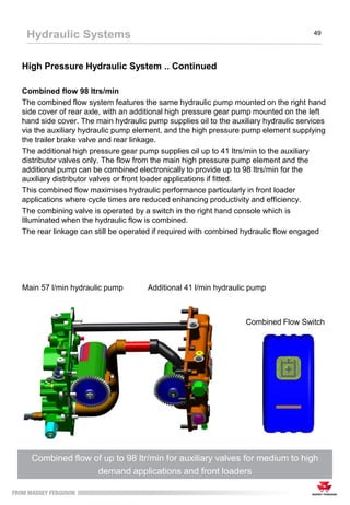 High Pressure Hydraulic System .. Continued
Combined flow 98 ltrs/min
The combined flow system features the same hydraulic pump mounted on the right hand
side cover of rear axle, with an additional high pressure gear pump mounted on the left
hand side cover. The main hydraulic pump supplies oil to the auxiliary hydraulic services
via the auxiliary hydraulic pump element, and the high pressure pump element supplying
the trailer brake valve and rear linkage.
The additional high pressure gear pump supplies oil up to 41 ltrs/min to the auxiliary
distributor valves only. The flow from the main high pressure pump element and the
additional pump can be combined electronically to provide up to 98 ltrs/min for the
auxiliary distributor valves or front loader applications if fitted.
This combined flow maximises hydraulic performance particularly in front loader
applications where cycle times are reduced enhancing productivity and efficiency.
The combining valve is operated by a switch in the right hand console which is
Illuminated when the hydraulic flow is combined.
The rear linkage can still be operated if required with combined hydraulic flow engaged
Combined flow of up to 98 ltr/min for auxiliary valves for medium to high
demand applications and front loaders
Hydraulic Systems 49
Main 57 l/min hydraulic pump Additional 41 l/min hydraulic pump
Combined Flow Switch
 