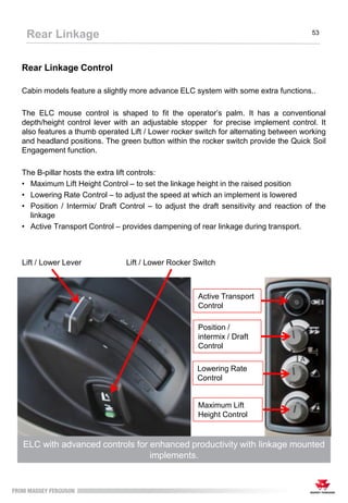 Rear Linkage Control
Cabin models feature a slightly more advance ELC system with some extra functions..
The ELC mouse control is shaped to fit the operator’s palm. It has a conventional
depth/height control lever with an adjustable stopper for precise implement control. It
also features a thumb operated Lift / Lower rocker switch for alternating between working
and headland positions. The green button within the rocker switch provide the Quick Soil
Engagement function.
The B-pillar hosts the extra lift controls:
• Maximum Lift Height Control – to set the linkage height in the raised position
• Lowering Rate Control – to adjust the speed at which an implement is lowered
• Position / Intermix/ Draft Control – to adjust the draft sensitivity and reaction of the
linkage
• Active Transport Control – provides dampening of rear linkage during transport.
ELC with advanced controls for enhanced productivity with linkage mounted
implements.
Rear Linkage 53
Lift / Lower Lever
Active Transport
Control
Position /
intermix / Draft
Control
Lowering Rate
Control
Maximum Lift
Height Control
Lift / Lower Rocker Switch
 
