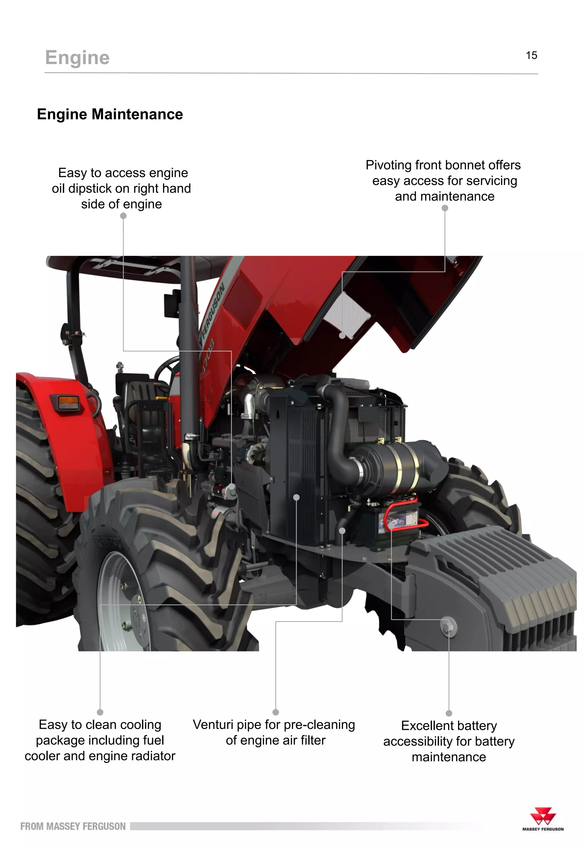 Engine Maintenance
Engine 15
Venturi pipe for pre-cleaning
of engine air filter
Easy to clean cooling
package including fuel
cooler and engine radiator
Excellent battery
accessibility for battery
maintenance
Easy to access engine
oil dipstick on right hand
side of engine
Pivoting front bonnet offers
easy access for servicing
and maintenance
 
