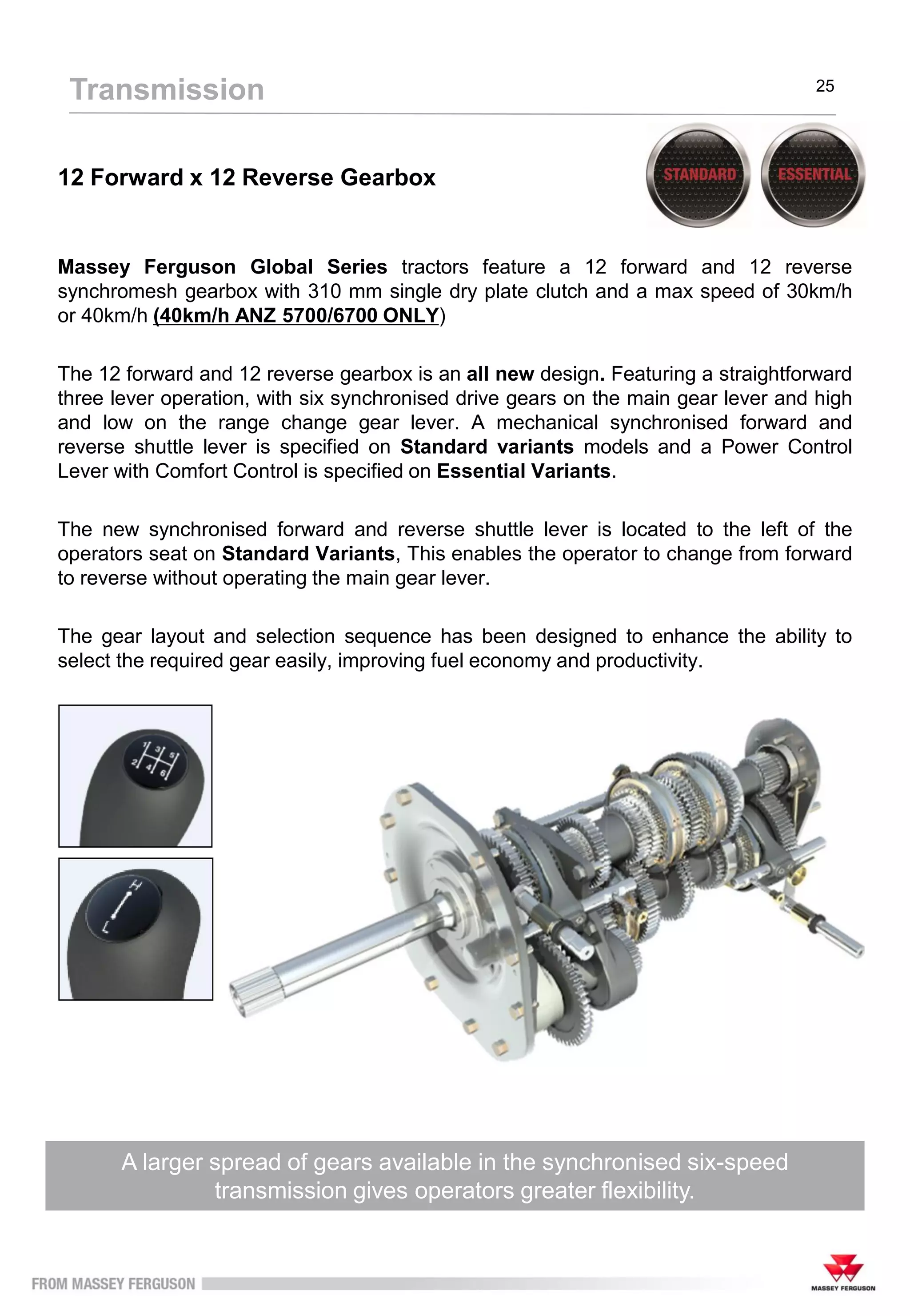 12 Forward x 12 Reverse Gearbox
Massey Ferguson Global Series tractors feature a 12 forward and 12 reverse
synchromesh gearbox with 310 mm single dry plate clutch and a max speed of 30km/h
or 40km/h (40km/h ANZ 5700/6700 ONLY)
The 12 forward and 12 reverse gearbox is an all new design. Featuring a straightforward
three lever operation, with six synchronised drive gears on the main gear lever and high
and low on the range change gear lever. A mechanical synchronised forward and
reverse shuttle lever is specified on Standard variants models and a Power Control
Lever with Comfort Control is specified on Essential Variants.
The new synchronised forward and reverse shuttle lever is located to the left of the
operators seat on Standard Variants, This enables the operator to change from forward
to reverse without operating the main gear lever.
The gear layout and selection sequence has been designed to enhance the ability to
select the required gear easily, improving fuel economy and productivity.
A larger spread of gears available in the synchronised six-speed
transmission gives operators greater flexibility.
Transmission 25
 