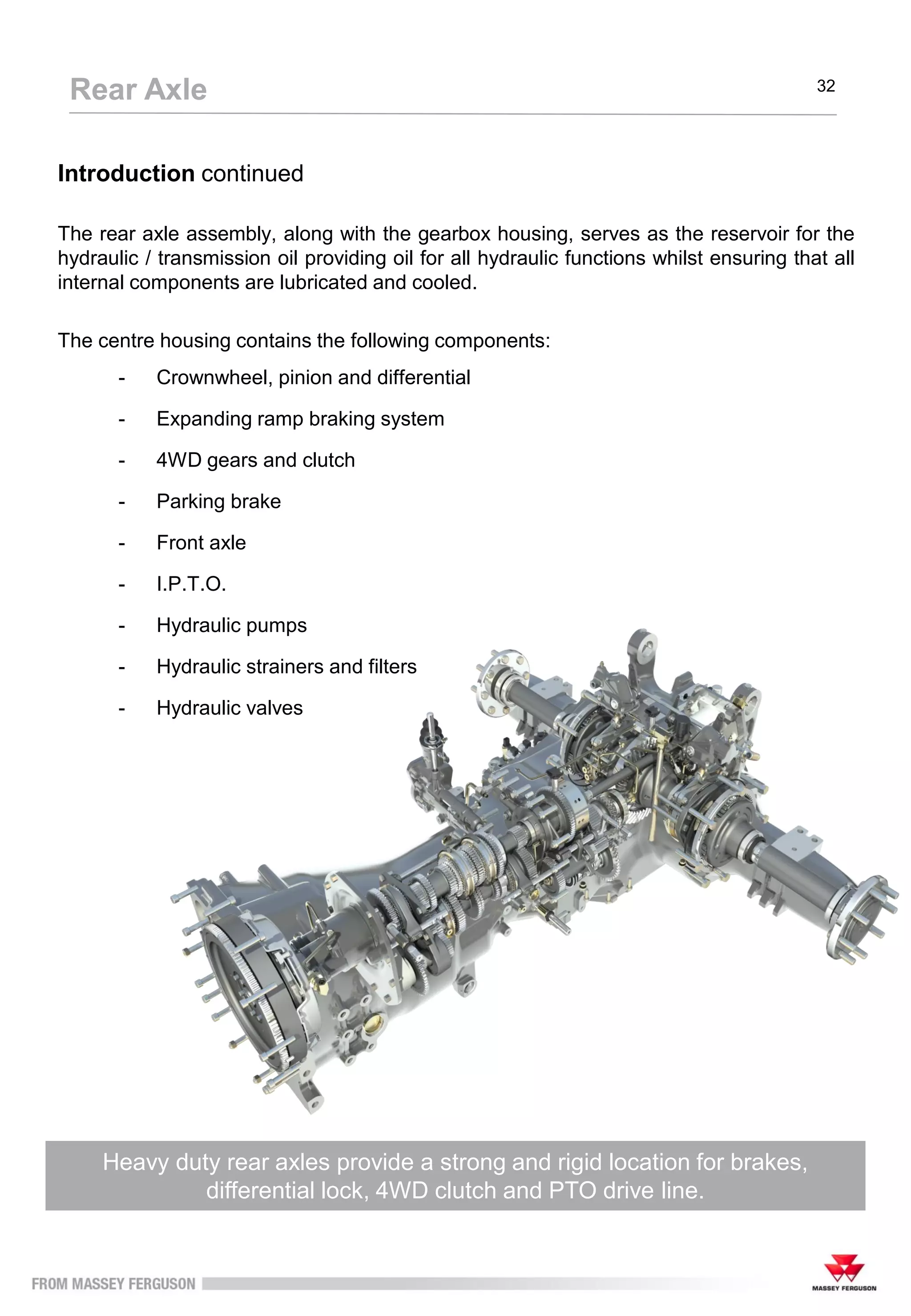 Introduction continued
The rear axle assembly, along with the gearbox housing, serves as the reservoir for the
hydraulic / transmission oil providing oil for all hydraulic functions whilst ensuring that all
internal components are lubricated and cooled.
The centre housing contains the following components:
- Crownwheel, pinion and differential
- Expanding ramp braking system
- 4WD gears and clutch
- Parking brake
- Front axle
- I.P.T.O.
- Hydraulic pumps
- Hydraulic strainers and filters
- Hydraulic valves
Heavy duty rear axles provide a strong and rigid location for brakes,
differential lock, 4WD clutch and PTO drive line.
Rear Axle 32
 