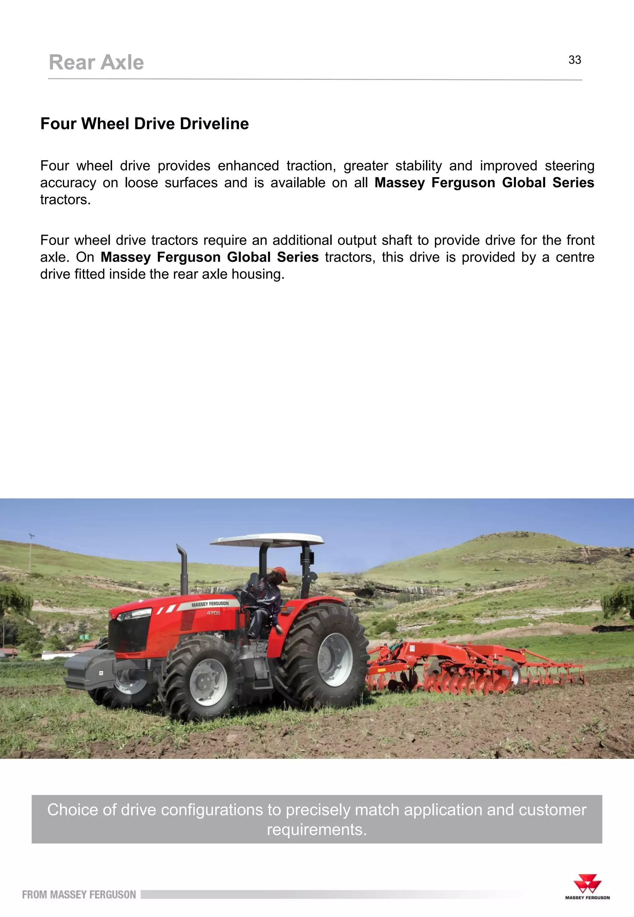 Four Wheel Drive Driveline
Four wheel drive provides enhanced traction, greater stability and improved steering
accuracy on loose surfaces and is available on all Massey Ferguson Global Series
tractors.
Four wheel drive tractors require an additional output shaft to provide drive for the front
axle. On Massey Ferguson Global Series tractors, this drive is provided by a centre
drive fitted inside the rear axle housing.
Choice of drive configurations to precisely match application and customer
requirements.
Rear Axle 33
 