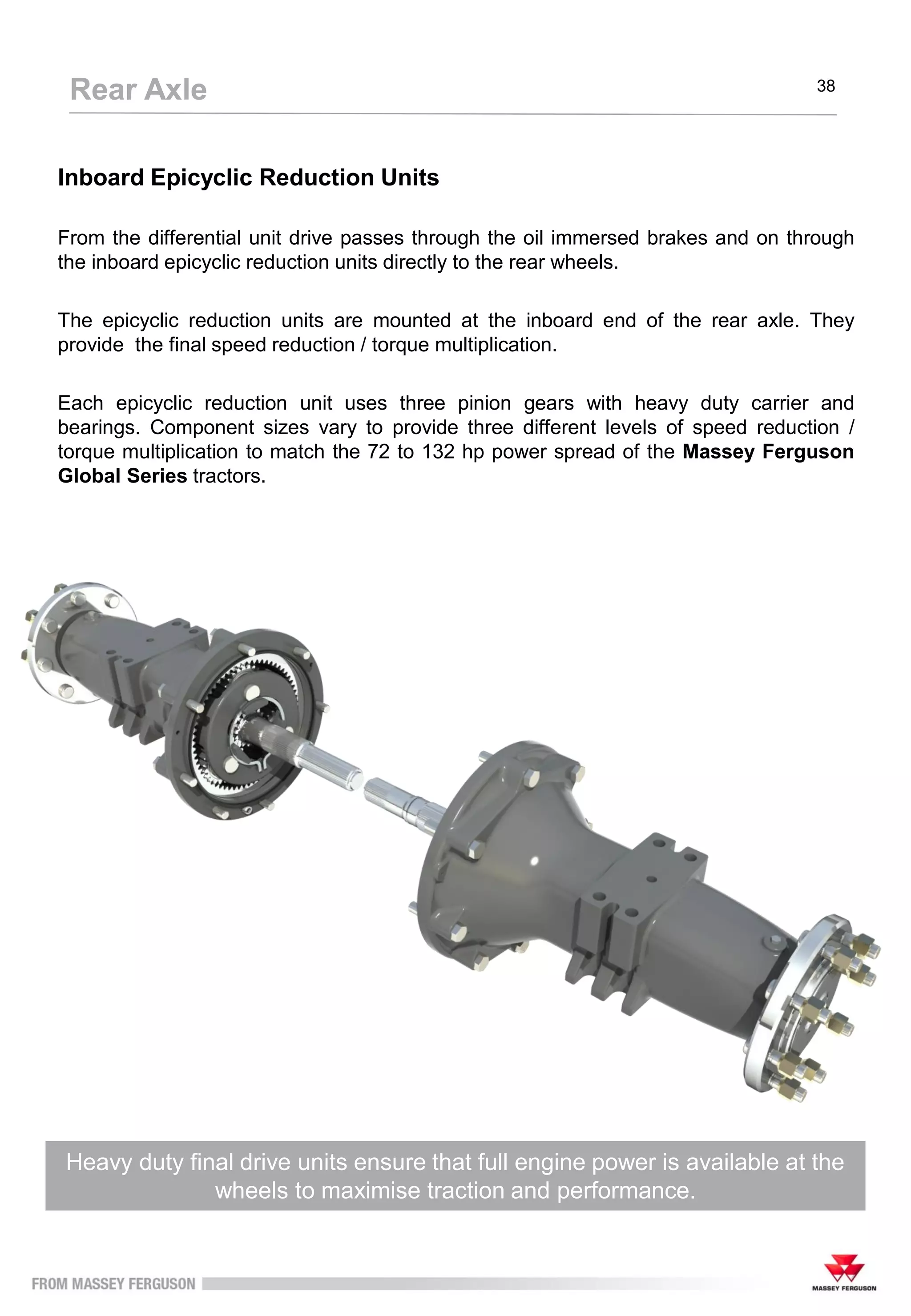 Inboard Epicyclic Reduction Units
From the differential unit drive passes through the oil immersed brakes and on through
the inboard epicyclic reduction units directly to the rear wheels.
The epicyclic reduction units are mounted at the inboard end of the rear axle. They
provide the final speed reduction / torque multiplication.
Each epicyclic reduction unit uses three pinion gears with heavy duty carrier and
bearings. Component sizes vary to provide three different levels of speed reduction /
torque multiplication to match the 72 to 132 hp power spread of the Massey Ferguson
Global Series tractors.
Heavy duty final drive units ensure that full engine power is available at the
wheels to maximise traction and performance.
Rear Axle 38
 