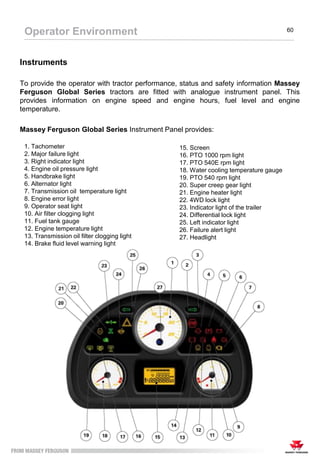 Instruments
To provide the operator with tractor performance, status and safety information Massey
Ferguson Global Series tractors are fitted with analogue instrument panel. This
provides information on engine speed and engine hours, fuel level and engine
temperature.
Massey Ferguson Global Series Instrument Panel provides:
Operator Environment 60
1. Tachometer
2. Major failure light
3. Right indicator light
4. Engine oil pressure light
5. Handbrake light
6. Alternator light
7. Transmission oil temperature light
8. Engine error light
9. Operator seat light
10. Air filter clogging light
11. Fuel tank gauge
12. Engine temperature light
13. Transmission oil filter clogging light
14. Brake fluid level warning light
15. Screen
16. PTO 1000 rpm light
17. PTO 540E rpm light
18. Water cooling temperature gauge
19. PTO 540 rpm light
20. Super creep gear light
21. Engine heater light
22. 4WD lock light
23. Indicator light of the trailer
24. Differential lock light
25. Left indicator light
26. Failure alert light
27. Headlight
 