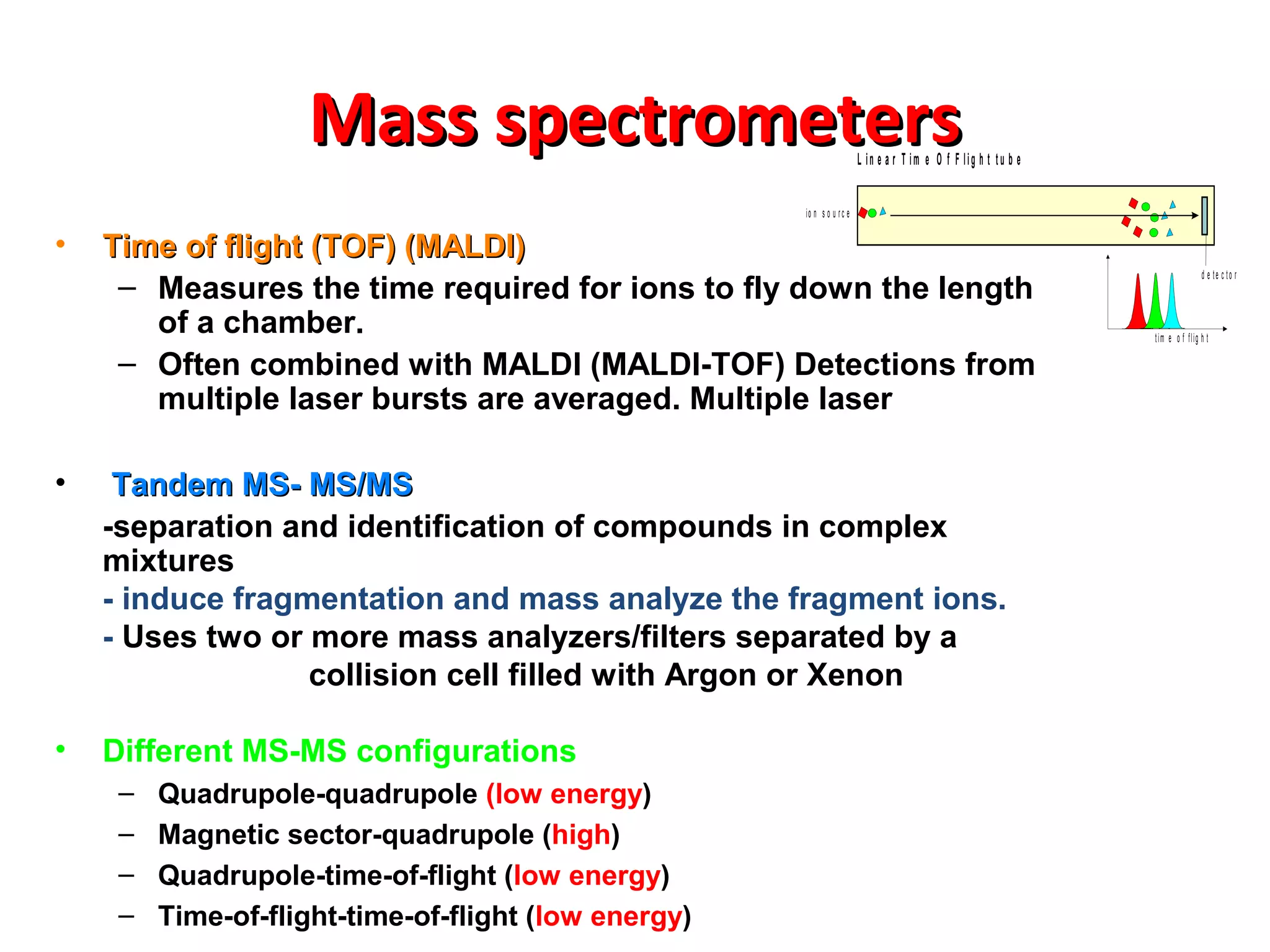 Mass spectrometersMass spectrometersL in e a r T im e O f F lig h t tu b e
R e fle c t o r T im e O f F lig h t t u b e
d e te c to r
re fle c to r
io n s o u rc e
io n s o u rc e
d e te c to r
tim e o f flig h t
tim e o f flig h t
• Time of flight (TOF) (MALDI)Time of flight (TOF) (MALDI)
– Measures the time required for ions to fly down the length
of a chamber.
– Often combined with MALDI (MALDI-TOF) Detections from
multiple laser bursts are averaged. Multiple laser
• Tandem MS- MS/MSTandem MS- MS/MS
-separation and identification of compounds in complex
mixtures
- induce fragmentation and mass analyze the fragment ions.
- Uses two or more mass analyzers/filters separated by a
collision cell filled with Argon or Xenon
• Different MS-MS configurations
– Quadrupole-quadrupole (low energy)
– Magnetic sector-quadrupole (high)
– Quadrupole-time-of-flight (low energy)
– Time-of-flight-time-of-flight (low energy)
 