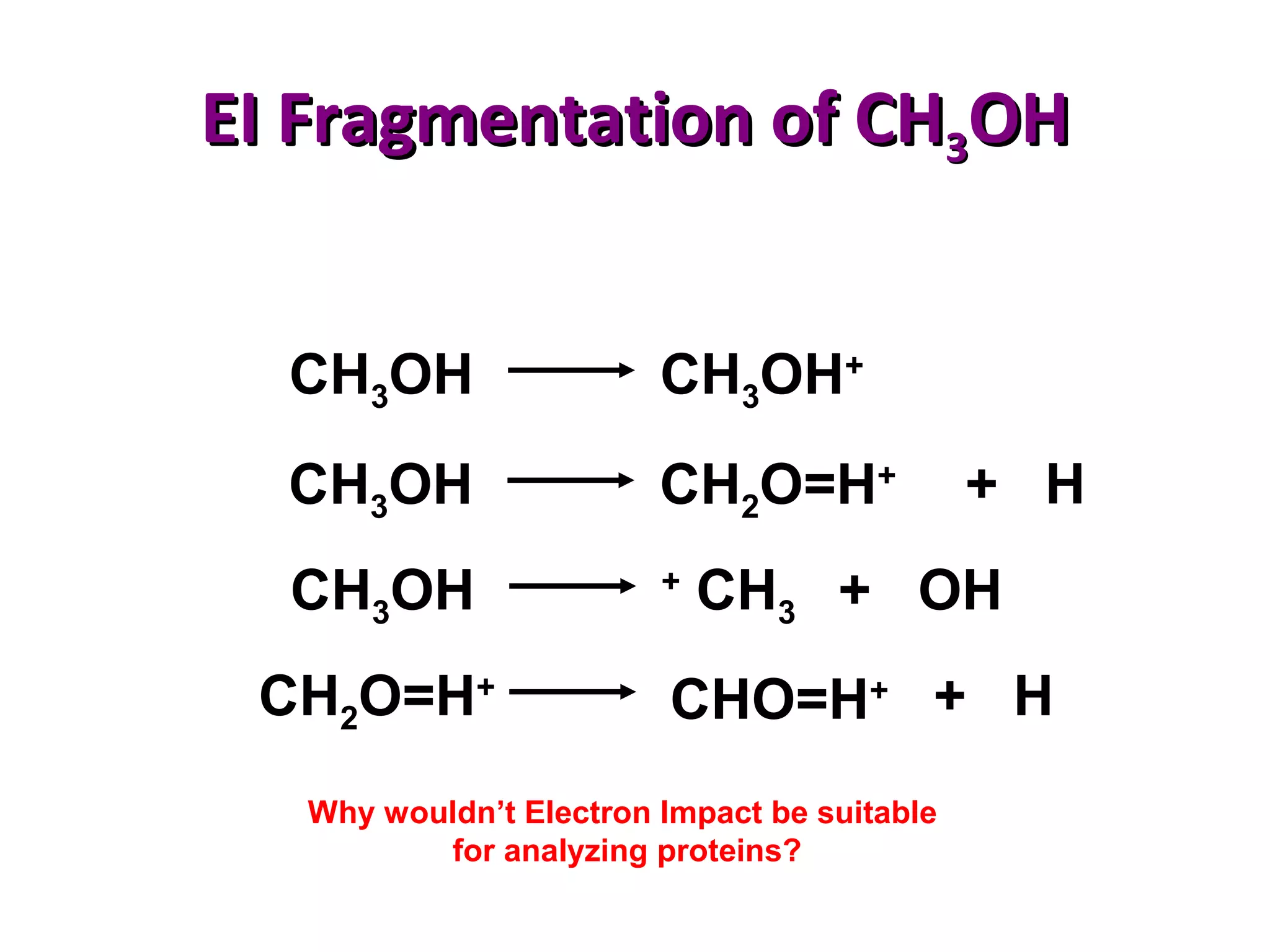 EI Fragmentation of CHEI Fragmentation of CH33OHOH
CH3OH CH3OH+
CH3OH CH2O=H+
+ H
CH3OH +
CH3 + OH
CHO=H+ + HCH2O=H+
Why wouldn’t Electron Impact be suitable
for analyzing proteins?
 