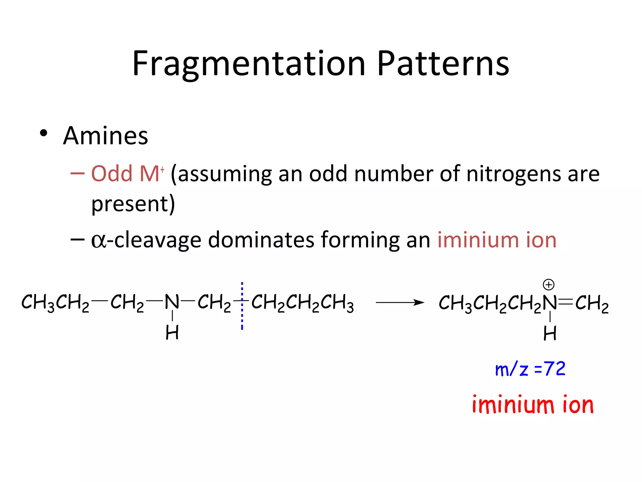 Fragmentation Patterns
• Amines
– Odd M+
(assuming an odd number of nitrogens are
present)
– α-cleavage dominates forming an iminium ion
CH3CH2 CH2 N
H
CH2 CH2CH2CH3 CH3CH2CH2N CH2
H
m/z =72
iminium ion
 