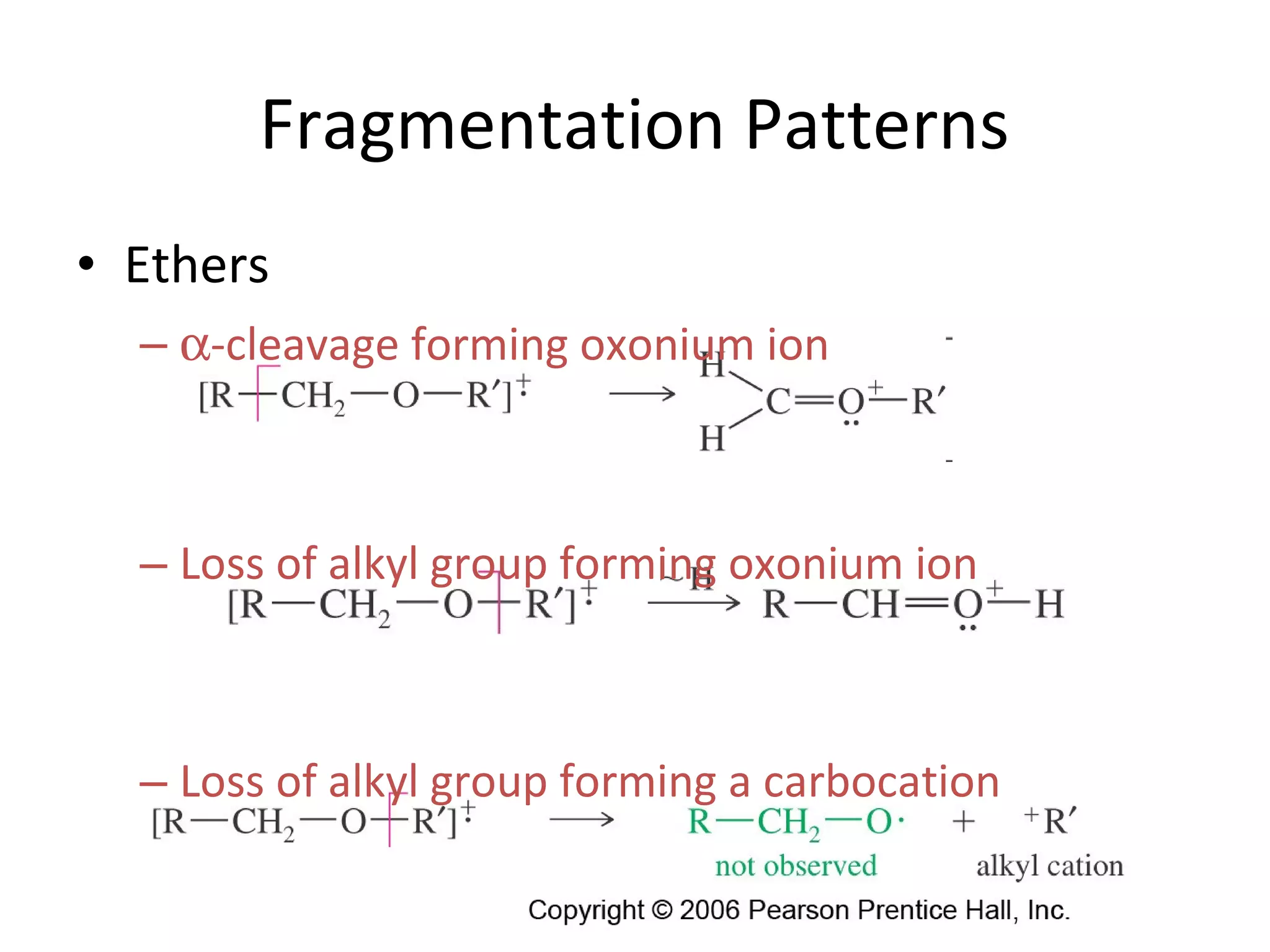 Fragmentation Patterns
• Ethers
– α-cleavage forming oxonium ion
– Loss of alkyl group forming oxonium ion
– Loss of alkyl group forming a carbocation
 
