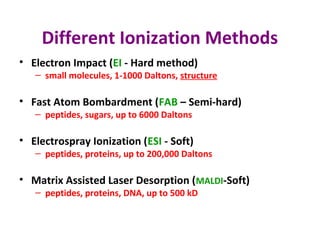 Different Ionization Methods
• Electron Impact (EI - Hard method)
– small molecules, 1-1000 Daltons, structure
• Fast Atom Bombardment (FAB – Semi-hard)
– peptides, sugars, up to 6000 Daltons
• Electrospray Ionization (ESI - Soft)
– peptides, proteins, up to 200,000 Daltons
• Matrix Assisted Laser Desorption (MALDI-Soft)
– peptides, proteins, DNA, up to 500 kD
 
