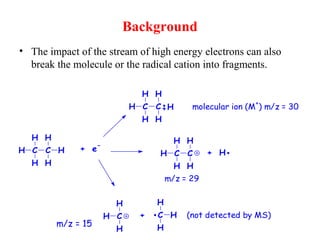 Background
• The impact of the stream of high energy electrons can also
break the molecule or the radical cation into fragments.
(not detected by MS)
m/z = 29
molecular ion (M
+
) m/z = 30
+ C
H
H
H
+ H
HH C
H
H
C
H
H
H C
H
H
C
H
H
H C
H
H
+ e
-
H C
H
H
C
H
H
H
m/z = 15
 