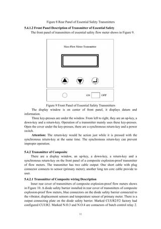 11
Figure 8 Rear Panel of Essential Safety Transmitters
5.4.1.2 Front Panel Description of Transmitter of Essential Safety
The front panel of transmitters of essential safety flow meter shows in Figure 9.
Figure 9 Front Panel of Essential Safety Transmitters
The display window is on center of front panel, it displays datum and
information.
Three key-presses are under the window. From left to right, they are an up-key, a
down-key and a return-key. Operation of a transmitter mainly uses these key-presses.
Open the cover under the key-presses, there are a synchronous return-key and a power
switch.
Attention: The return-key would be action just while it is pressed with the
synchronous return-key at the same time. The synchronous return-key can prevent
improper operation.
5.4.2 Transmitter of Composite
There are a display window, an up-key, a down-key, a return-key and a
synchronous return-key on the front panel of a composite explosion-proof transmitter
of flow meters. The transmitter has two cable output: One short cable with plug
connector connects to sensor (primary meter); another long ten core cable provide to
user.
5.4.2.1 Transmitter of Composite wiring Description
Inner rear cover of transmitters of composite explosion-proof flow meters shows
in Figure 10. A diode safety barrier installed in rear cover of transmitters of composite
explosion-proof flow meters, blue connectors on the diode safety barrier connected to
the vibrator, displacement sensors and temperature sensor of primary meter. There is a
output connecting plate on the diode safety barrier. Marked CUUR2/F2 factory had
configured CUUR2. Marked N.O.3 and N.O.4 are contactors of batch control relay 2.
 