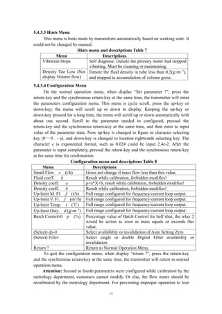 15
5.4.3.3 Hints Menu
This menu is hints made by transmitters automatically based on working state. It
could not be changed by manual.
Hints menu and descriptions Table 7
Menu Descriptions
Vibration Stops Self diagnose. Denote the primary meter had stopped
vibrating. Must be cleaning or maintaining.
Density Too Low (Not
display Volume flow)
Denote the fluid density in tube less than 0.2(g/㎝ 3
),
and stopped to accumulation of volume gross.
5.4.3.4 Configuration Menu
On the normal operation menu, when display “Set parameter ?”, press the
return-key and the synchronous return-key at the same time, the transmitter will enter
the parameters configuration menu. This menu is cycle scroll, press the up-key or
down-key; the menu will scroll up or down to display. Keeping the up-key or
down-key pressed for a long time, the menu will scroll up or down automatically with
about one second. Scroll to the parameter needed to configured, pressed the
return-key and the synchronous return-key at the same time, and then enter to input
value of the parameter state. Now up-key is changed to figure or character selecting
key (0～9 . - e), and down-key is changed to location rightwards selecting key. The
character e is exponential format, such as 0.024 could be input 2.4e-2. After the
parameter is input completely, pressed the return-key and the synchronous return-key
at the same time for confirmation.
Configuration menu and descriptions Table 8
Menu Descriptions
Small Flow r (t/h) Gross not change if mass flow less than this value.
Fluid coeff. k Result while calibration, forbidden modifies!
Density coeff. a ρ=a*X+b, result while calibration, forbidden modifies!
Density coeff. b Result while calibration, forbidden modifies!
Up-limit M. Fl. f (t/h) Full range configured for frequency/current loop output.
Up-limit V. Fl. f (m3
/h) Full range configured for frequency/current loop output.
Up-limit Temp. t (℃) Full range configured for frequency/current loop output.
Up-limit Dsty. d (g/㎝ 3
) Full range configured for frequency/current loop output.
Batch Control-0 p (%) Percentage value of Batch Control for half shut, the relay 2
would be action as soon as mass equals or exceeds this
value.
(Select) dp-0 Select availability or invalidation of Auto Setting Zero
(Select) Filter Select single or double Digital Filter availability or
invalidation
Return ? Return to Normal Operation Menu
To quit the configuration menu, when display “return ?”, press the return-key
and the synchronous return-key at the same time, the transmitter will return to normal
operation menu.
Attention: Second to fourth parameters were configured while calibration by the
metrology department, customers cannot modify. Or else, the flow meter should be
recalibrated by the metrology department. For preventing improper operation to lose
 