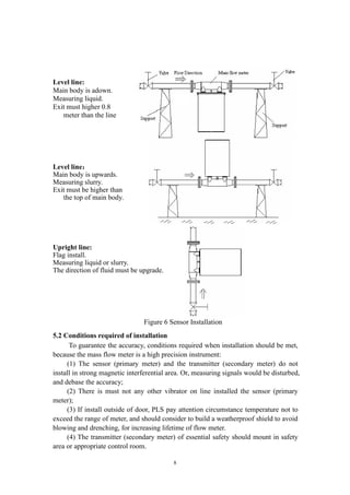 8
Level line:
Main body is adown.
Measuring liquid.
Exit must higher 0.8
meter than the line
Level line：
Main body is upwards.
Measuring slurry.
Exit must be higher than
the top of main body.
Upright line:
Flag install.
Measuring liquid or slurry.
The direction of fluid must be upgrade.
Figure 6 Sensor Installation
5.2 Conditions required of installation
To guarantee the accuracy, conditions required when installation should be met,
because the mass flow meter is a high precision instrument:
(1) The sensor (primary meter) and the transmitter (secondary meter) do not
install in strong magnetic interferential area. Or, measuring signals would be disturbed,
and debase the accuracy;
(2) There is must not any other vibrator on line installed the sensor (primary
meter);
(3) If install outside of door, PLS pay attention circumstance temperature not to
exceed the range of meter, and should consider to build a weatherproof shield to avoid
blowing and drenching, for increasing lifetime of flow meter.
(4) The transmitter (secondary meter) of essential safety should mount in safety
area or appropriate control room.
 