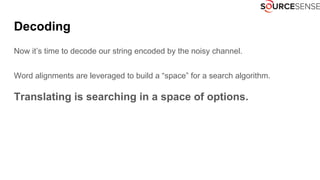 Decoding
Now it’s time to decode our string encoded by the noisy channel.
Word alignments are leveraged to build a “space” for a search algorithm.
Translating is searching in a space of options.
 