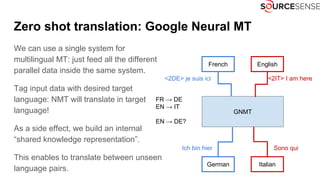 Zero shot translation: Google Neural MT
We can use a single system for
multilingual MT: just feed all the different
parallel data inside the same system.
Tag input data with desired target
language: NMT will translate in target
language!
As a side effect, we build an internal
“shared knowledge representation”.
This enables to translate between unseen
language pairs.
GNMT
French English
German Italian
<2IT> I am here<2DE> je suis ici
Sono quiIch bin hier
FR → DE
EN → IT
EN → DE?
 